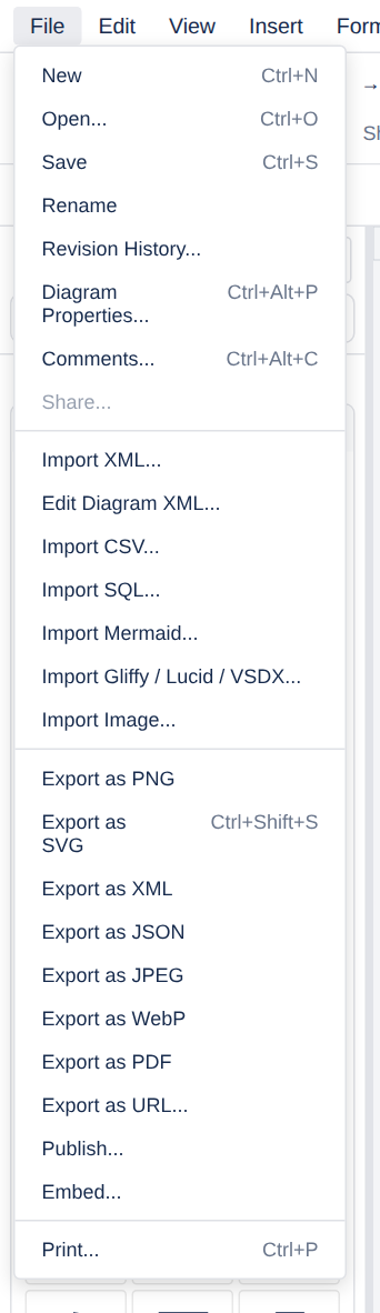 Step 1: File menu open in the free diagram.now editor showing Import SQL, Import Mermaid, and Import Gliffy / Lucid / VSDX.